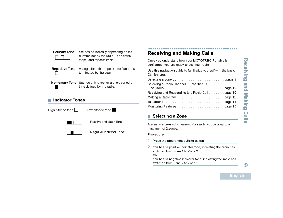 Motorola XPR 6350 manual Receiving and Making Calls, Indicator Tones, Selecting a Zone 