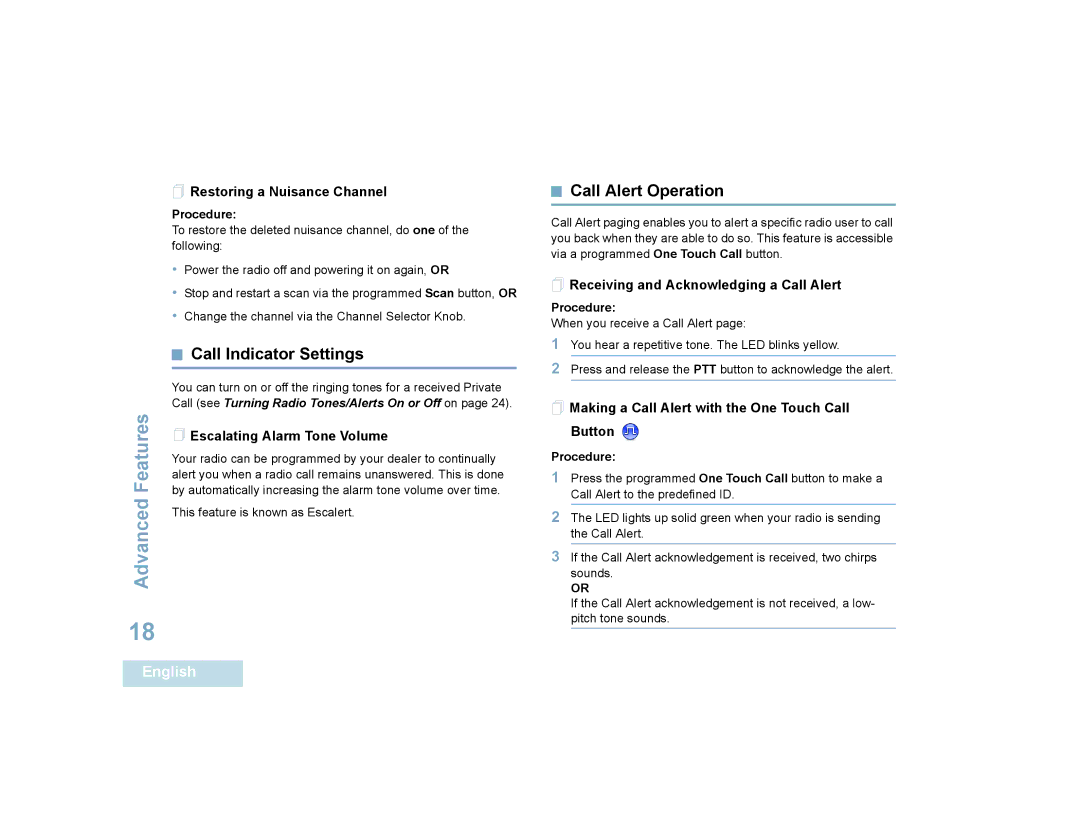 Motorola XPR 6350 manual Call Indicator Settings, Call Alert Operation 