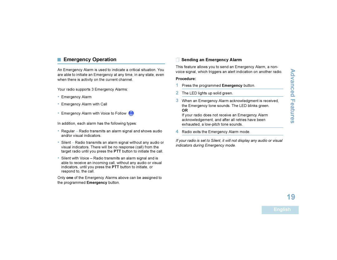 Motorola XPR 6350 manual Emergency Operation,  Sending an Emergency Alarm 