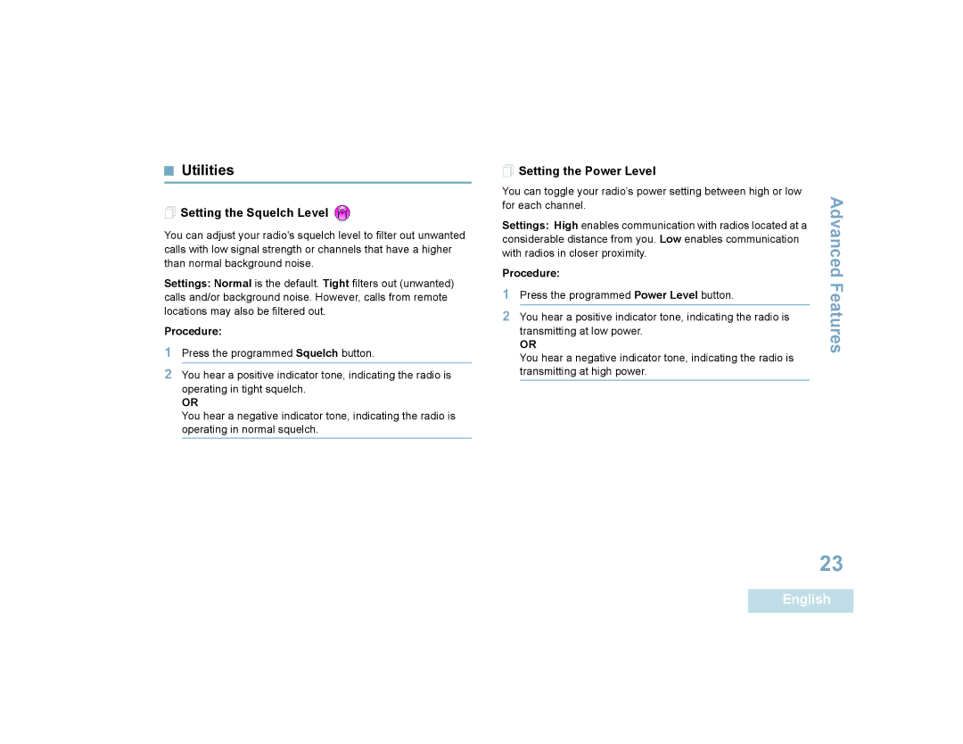 Motorola XPR 6350 manual Utilities,  Setting the Squelch Level,  Setting the Power Level 