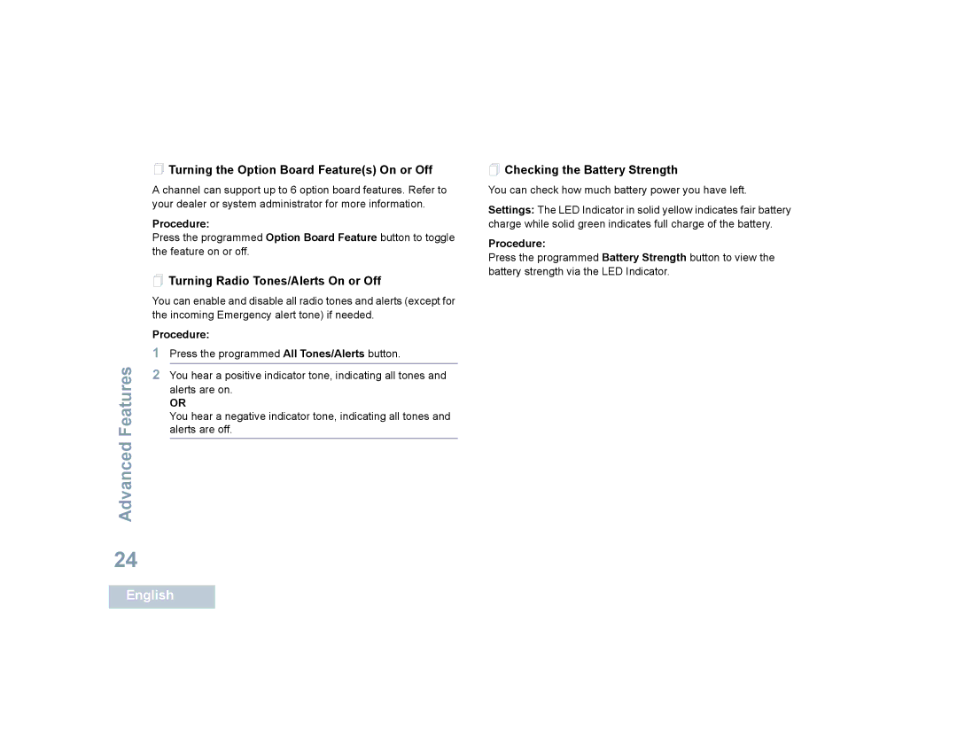 Motorola XPR 6350 manual  Turning the Option Board Features On or Off,  Turning Radio Tones/Alerts On or Off 