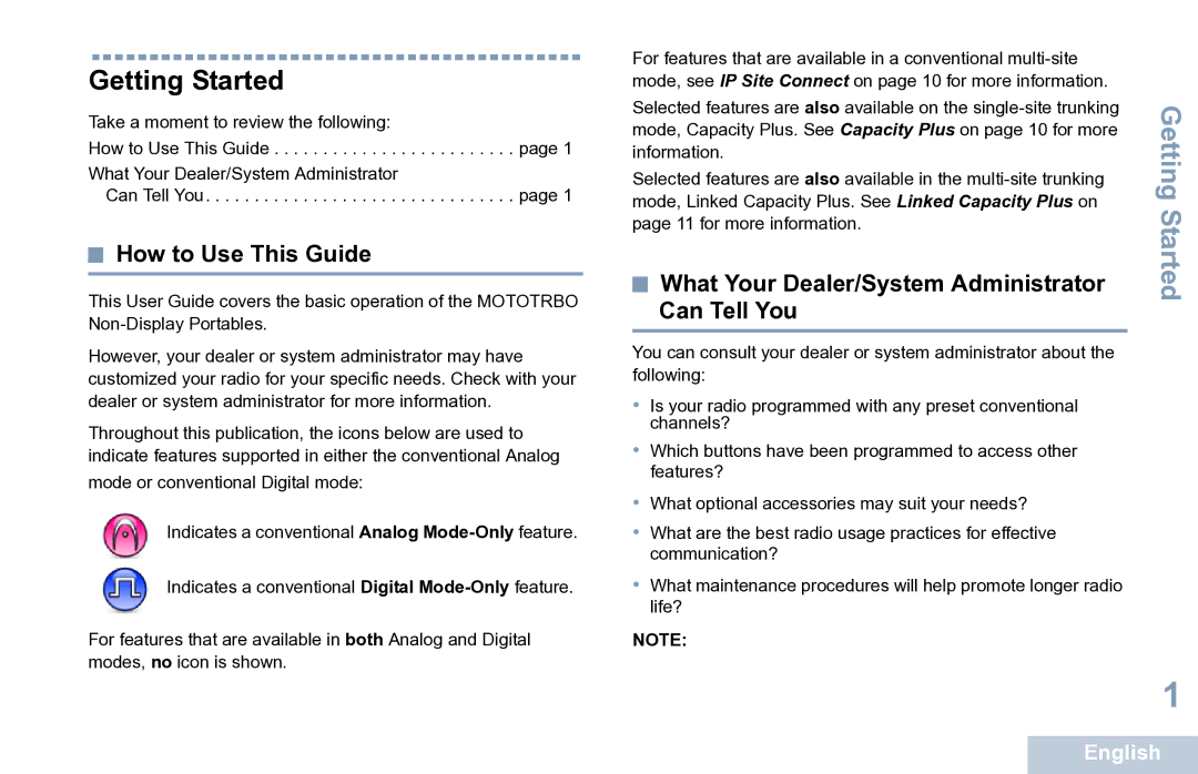 Motorola XPR 7350 manual Getting Started, How to Use This Guide, What Your Dealer/System Administrator Can Tell You 