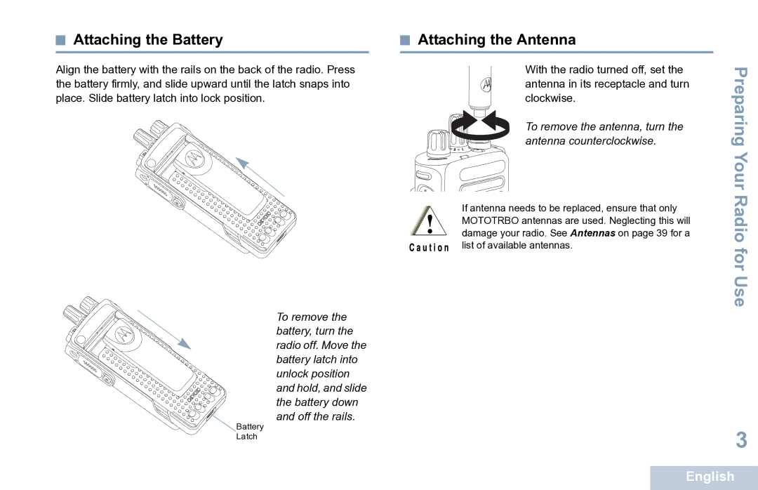 Motorola XPR 7350 manual Attaching the Battery, Attaching the Antenna 