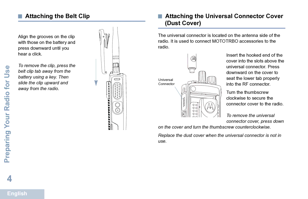 Motorola XPR 7350 manual Attaching the Belt Clip, Attaching the Universal Connector Cover Dust Cover 