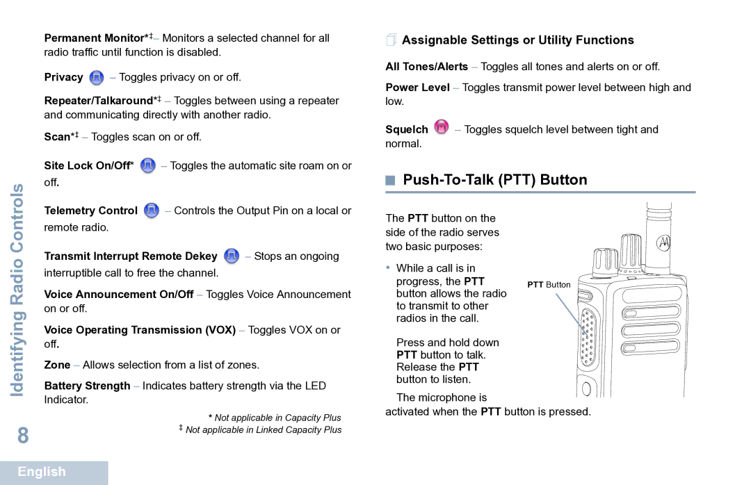 Motorola XPR 7350 manual Push-To-Talk PTT Button,  Assignable Settings or Utility Functions 