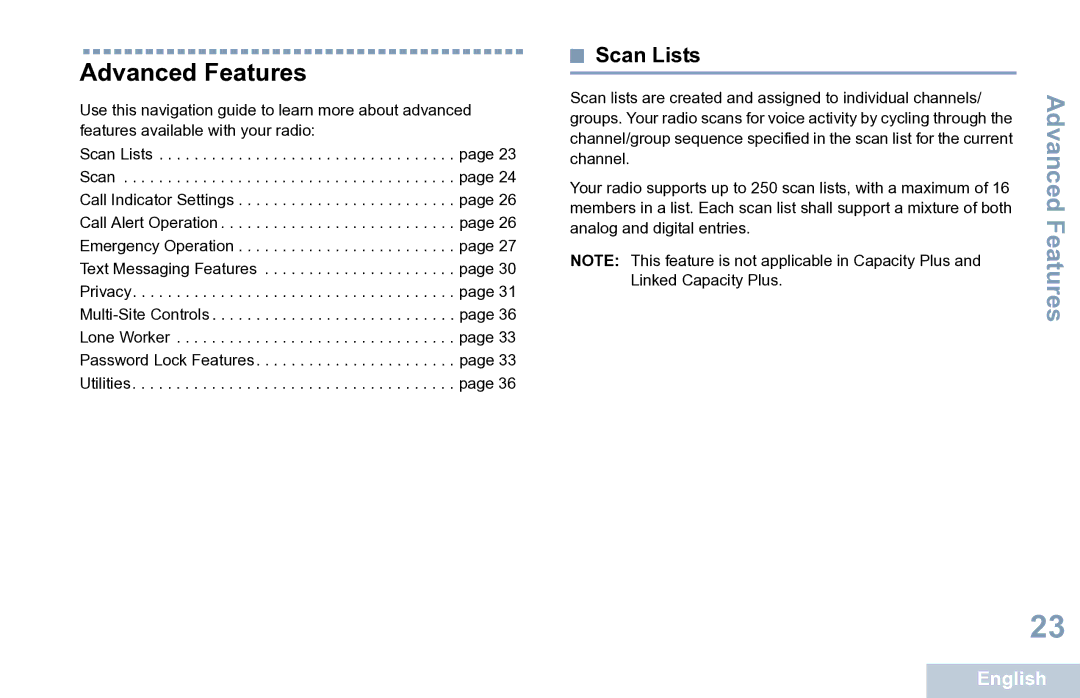 Motorola XPR 7350 manual Advanced Features, Scan Lists 