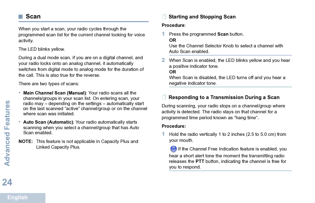 Motorola XPR 7350 manual  Starting and Stopping Scan,  Responding to a Transmission During a Scan 