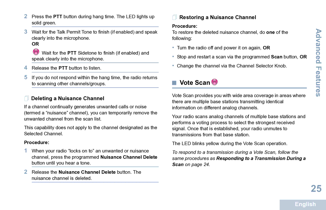 Motorola XPR 7350 manual Vote Scan,  Restoring a Nuisance Channel 