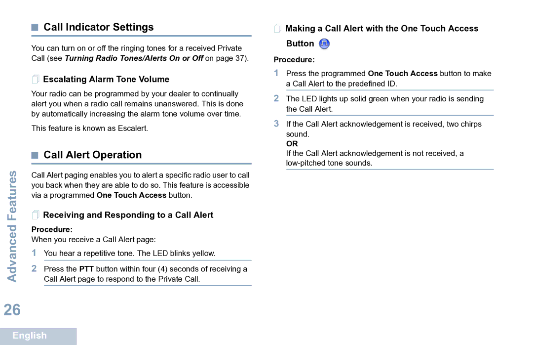 Motorola XPR 7350 manual Call Indicator Settings, Call Alert Operation,  Escalating Alarm Tone Volume 