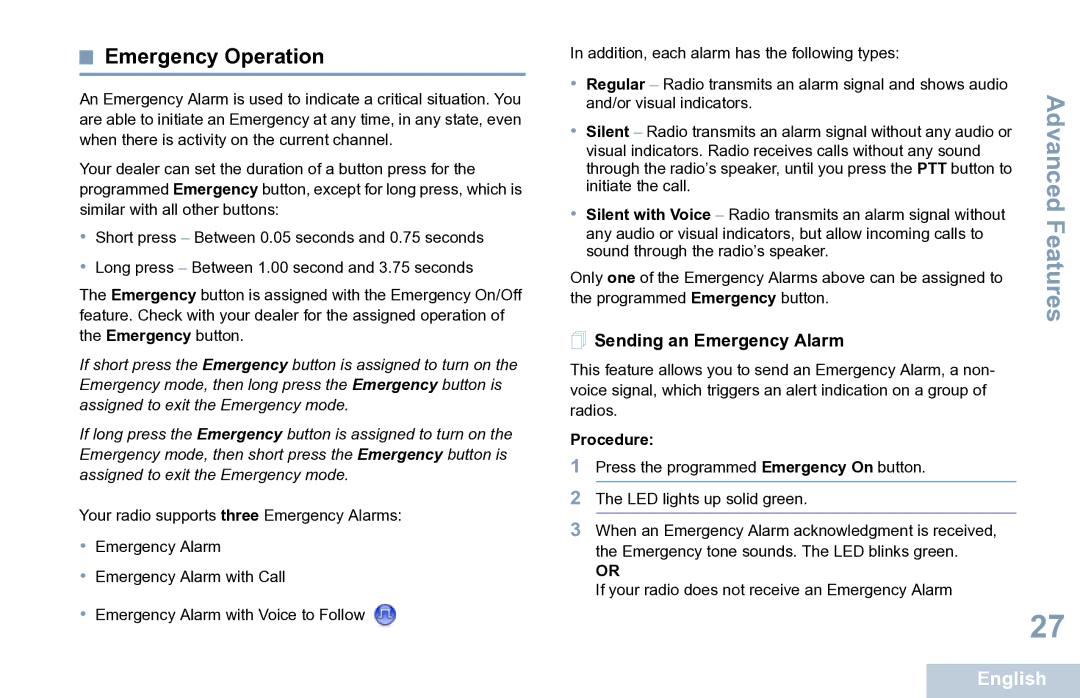 Motorola XPR 7350 manual Emergency Operation,  Sending an Emergency Alarm 