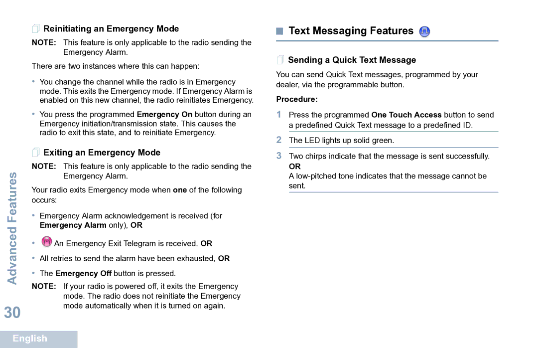 Motorola XPR 7350 manual Text Messaging Features,  Reinitiating an Emergency Mode,  Exiting an Emergency Mode 