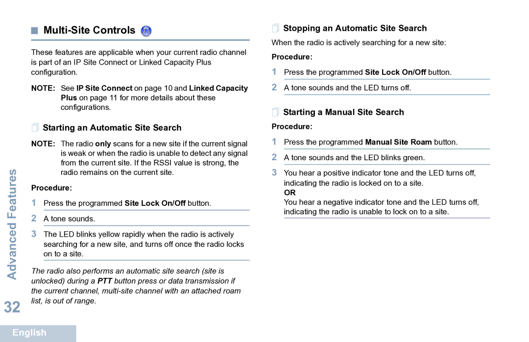 Motorola XPR 7350 manual Multi-Site Controls,  Starting an Automatic Site Search,  Stopping an Automatic Site Search 