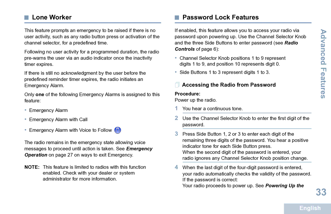 Motorola XPR 7350 manual Lone Worker, Password Lock Features,  Accessing the Radio from Password 