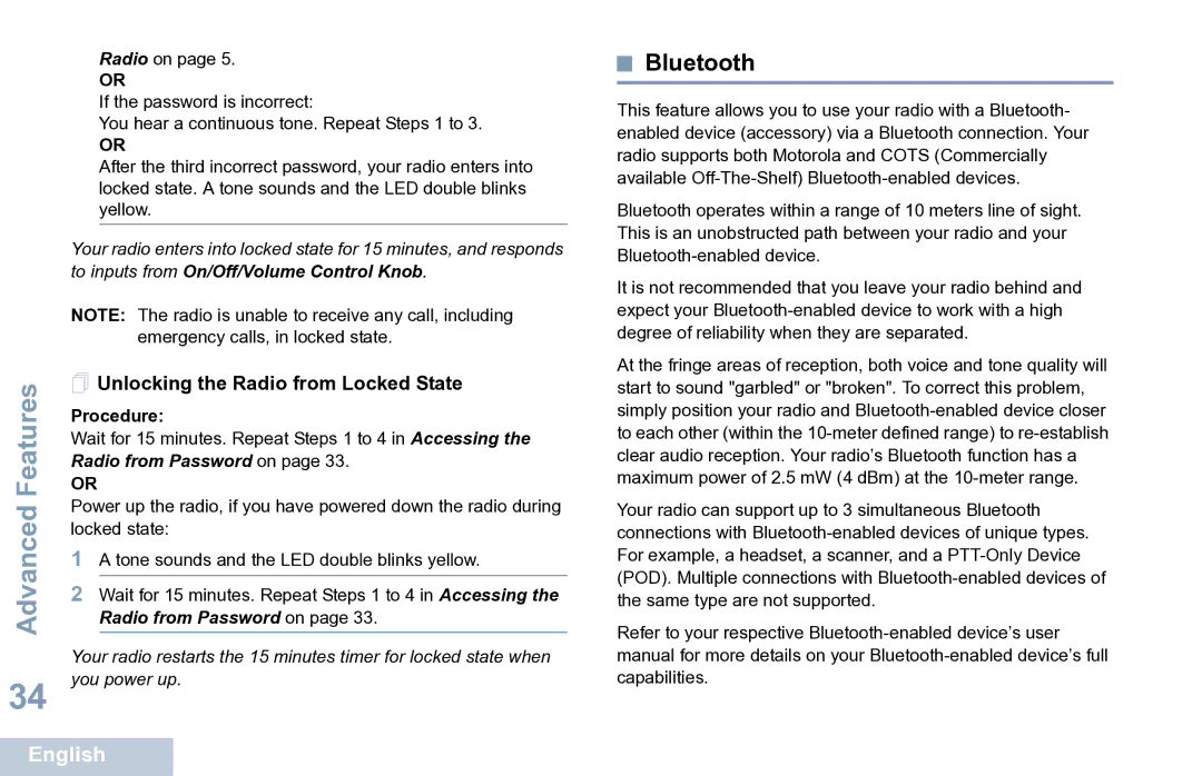 Motorola XPR 7350 manual Bluetooth,  Unlocking the Radio from Locked State 