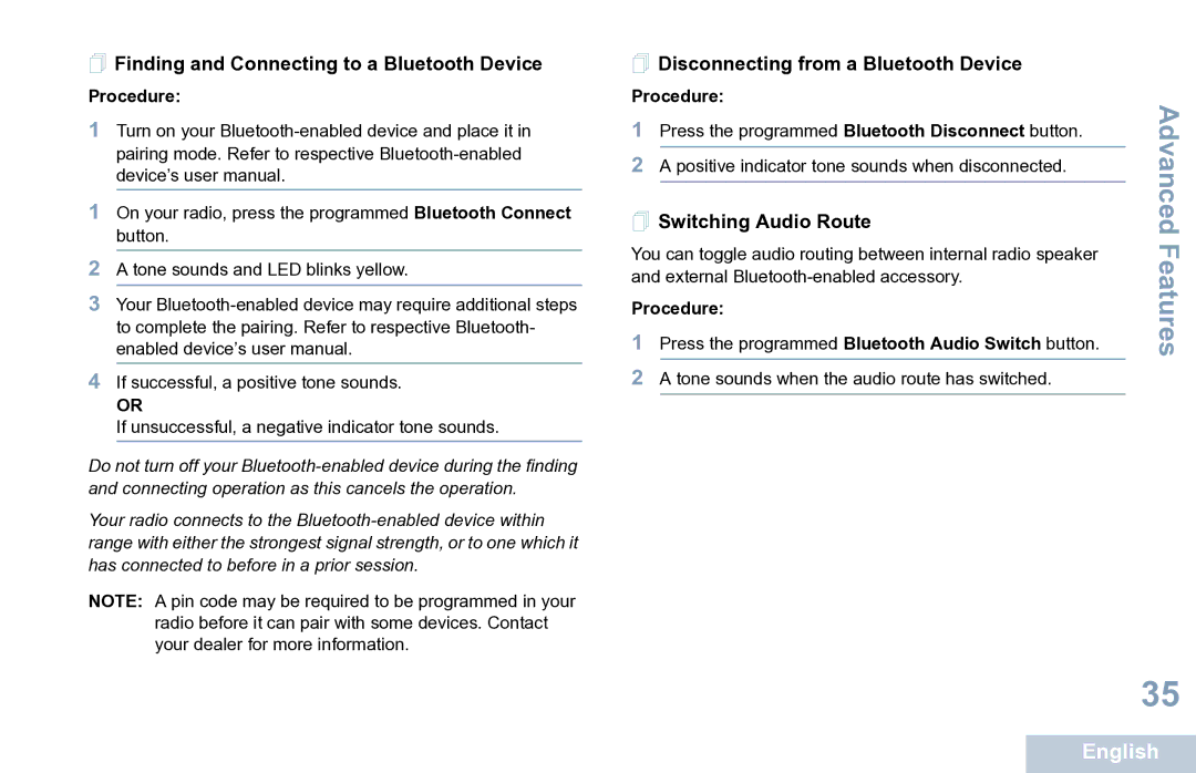 Motorola XPR 7350 manual  Finding and Connecting to a Bluetooth Device,  Disconnecting from a Bluetooth Device 