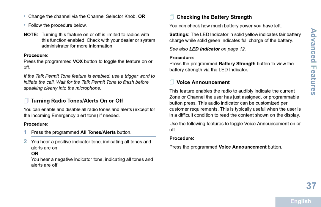 Motorola XPR 7350 manual  Turning Radio Tones/Alerts On or Off,  Checking the Battery Strength,  Voice Announcement 