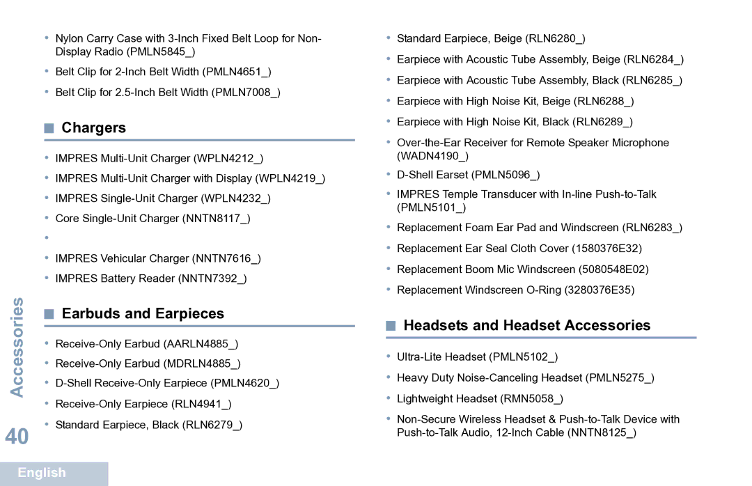 Motorola XPR 7350 manual Chargers, Earbuds and Earpieces, Headsets and Headset Accessories 