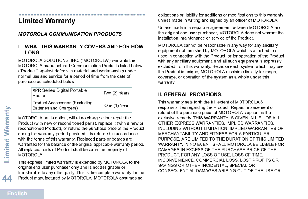 Motorola XPR 7350 manual Limited Warranty 