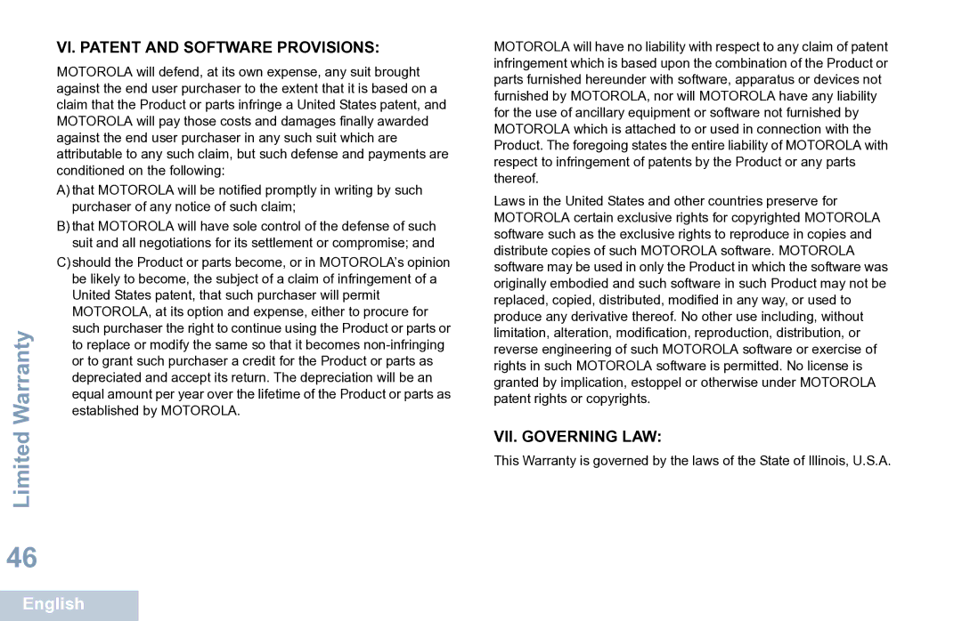 Motorola XPR 7350 manual VII. Governing LAW 