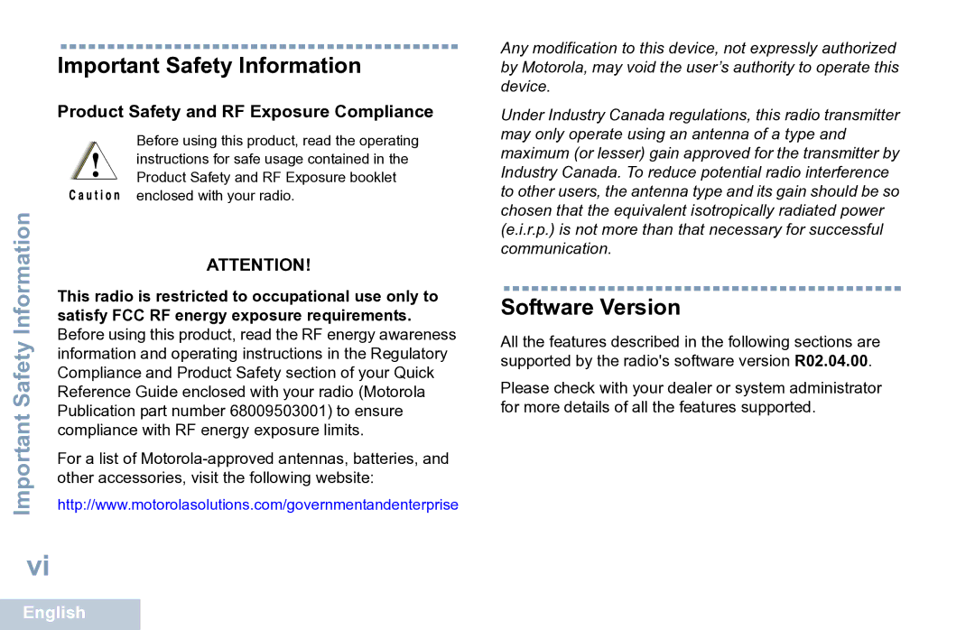 Motorola XPR 7350 Important Safety Information, Software Version, This radio is restricted to occupational use only to 