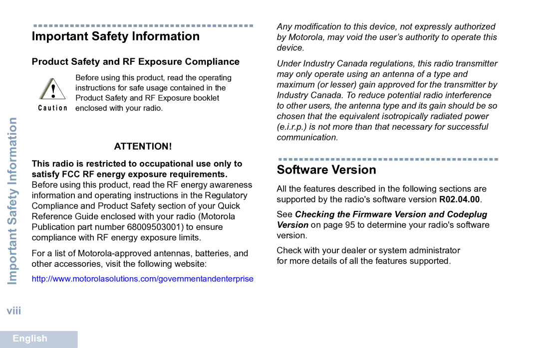 Motorola XPR 7550 manual Important Safety Information, Software Version 