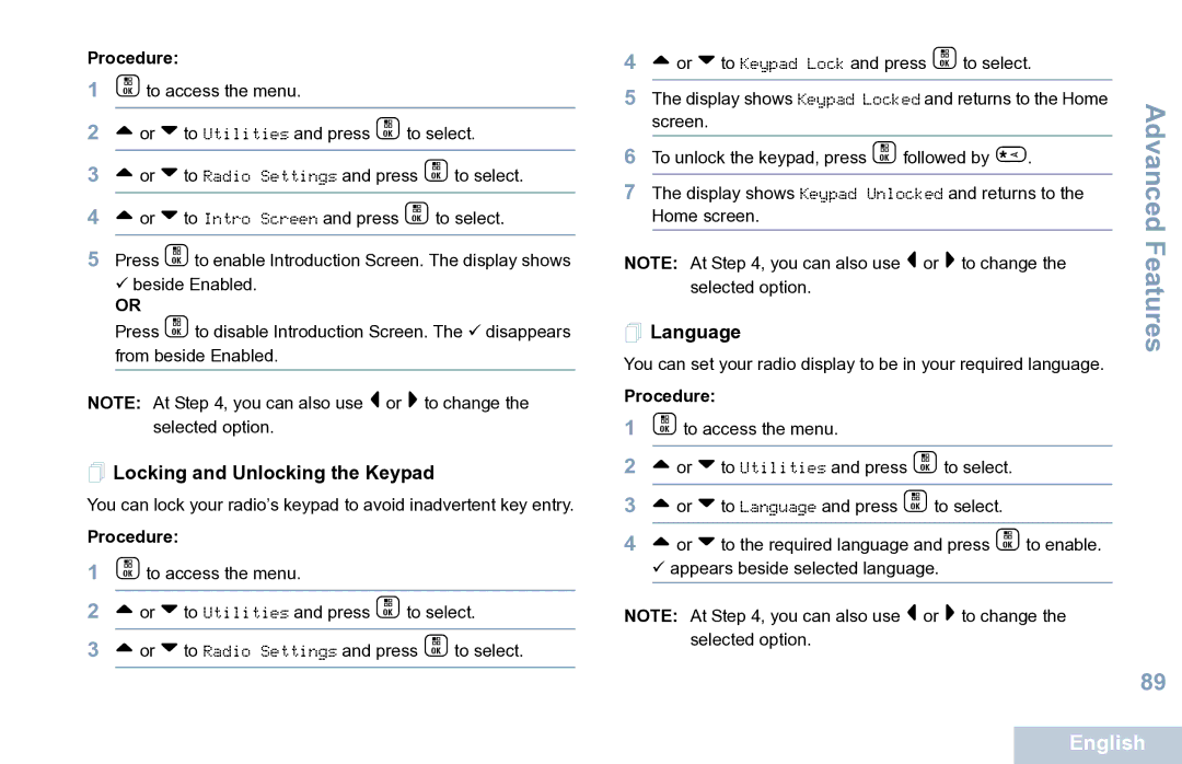 Motorola XPR 7550 manual  Locking and Unlocking the Keypad,  Language 