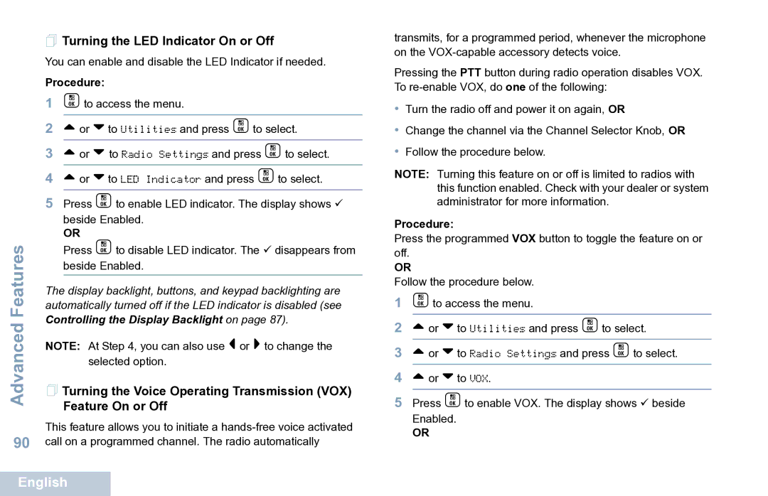 Motorola XPR 7550 manual  Turning the LED Indicator On or Off 