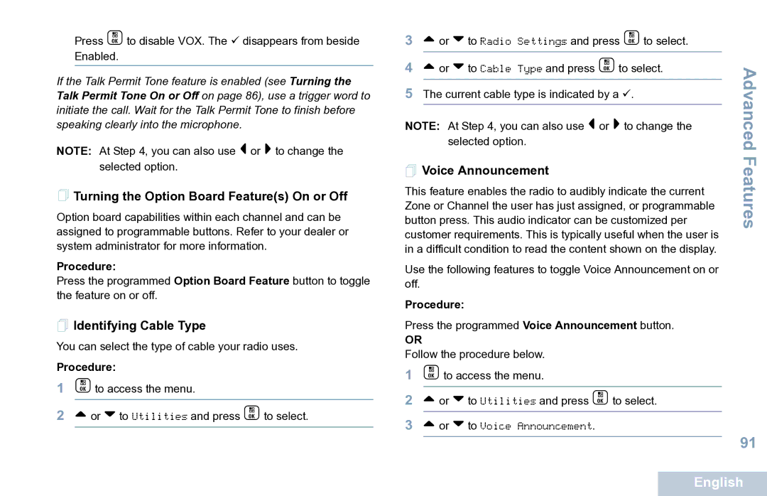 Motorola XPR 7550 manual  Turning the Option Board Features On or Off,  Identifying Cable Type,  Voice Announcement 