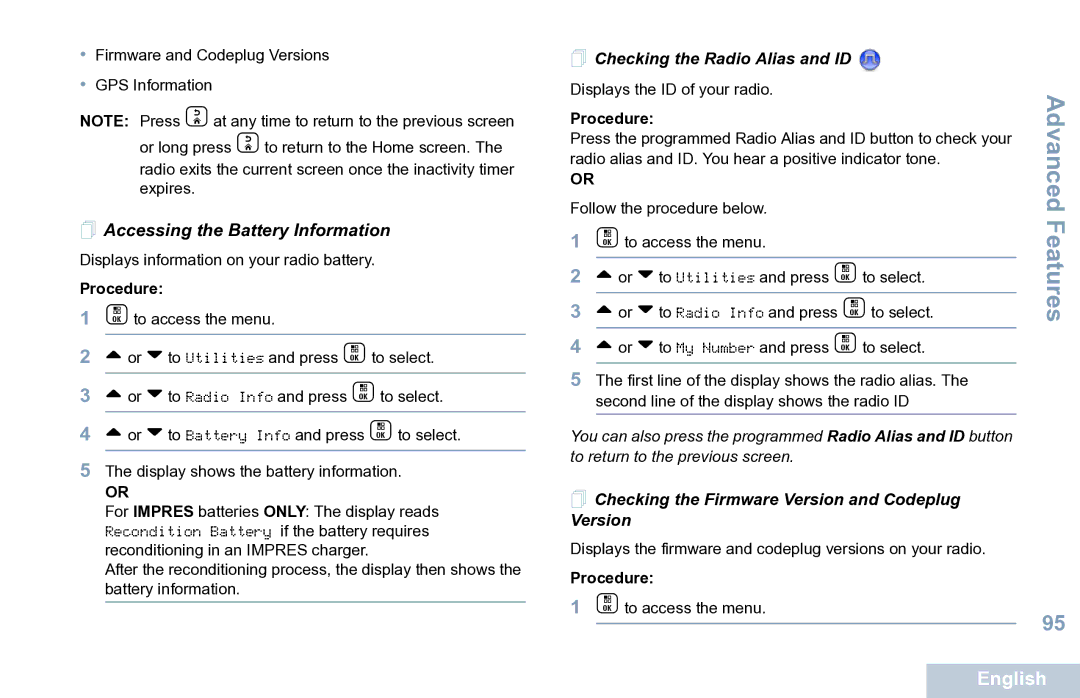 Motorola XPR 7550 manual  Accessing the Battery Information,  Checking the Radio Alias and ID 