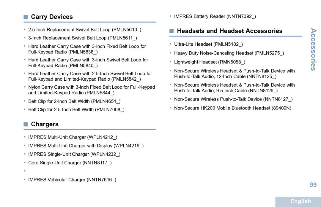 Motorola XPR 7550 manual Carry Devices, Chargers, Headsets and Headset Accessories 