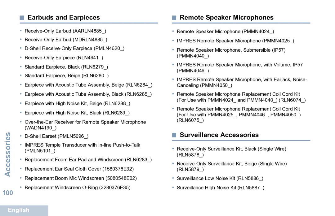 Motorola XPR 7550 manual Earbuds and Earpieces, Remote Speaker Microphones, Surveillance Accessories 