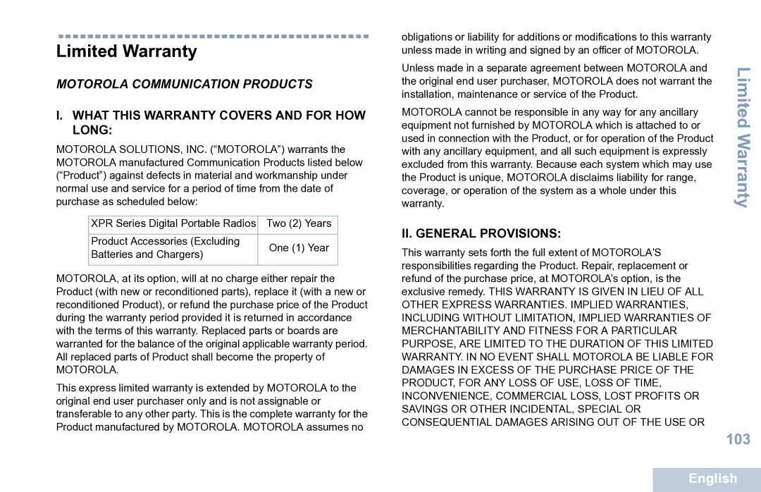 Motorola XPR 7550 manual Limited Warranty, Motorola Communication Products 