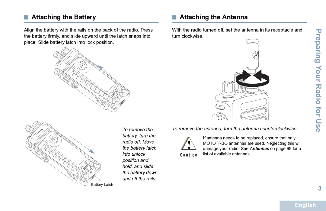 Motorola XPR 7550 manual Attaching the Battery, Attaching the Antenna 