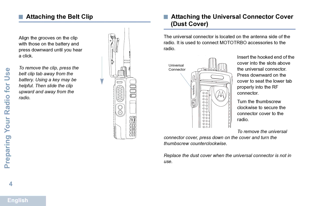 Motorola XPR 7550 manual Attaching the Belt Clip, Attaching the Universal Connector Cover Dust Cover 