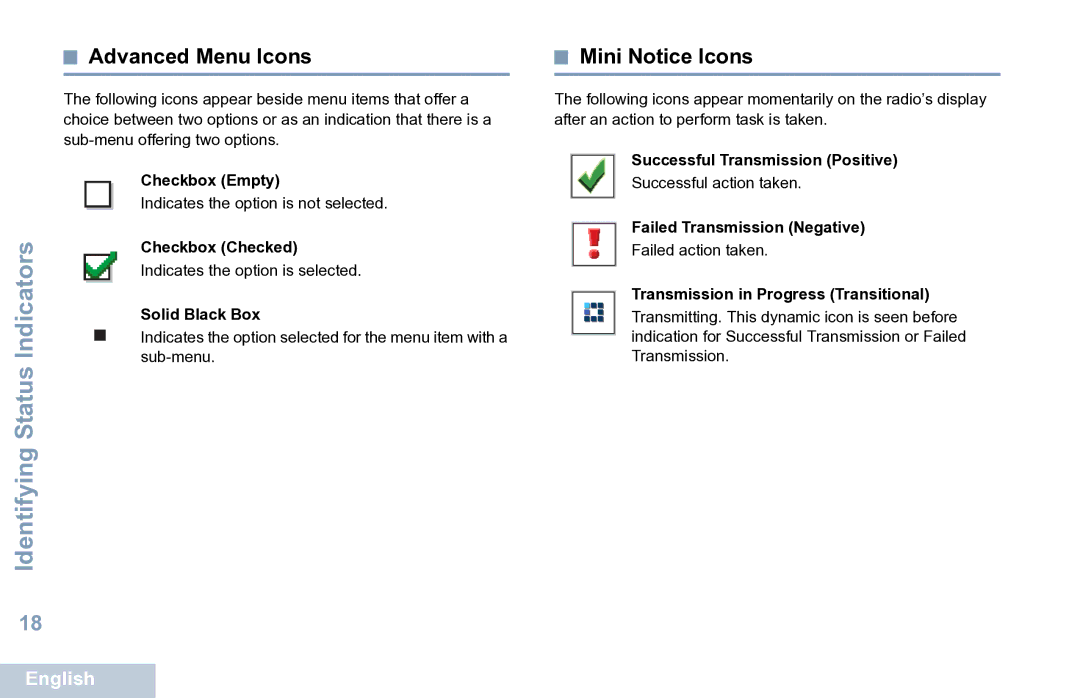 Motorola XPR 7550 manual Advanced Menu Icons, Mini Notice Icons 