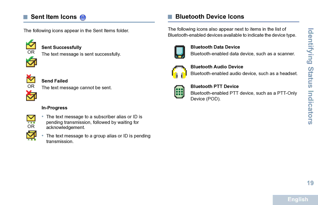 Motorola XPR 7550 manual Sent Item Icons, Bluetooth Device Icons 