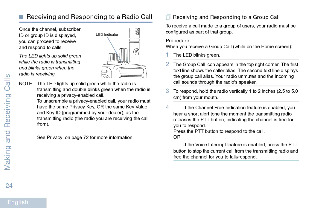 Motorola XPR 7550 manual Receiving and Responding to a Radio Call,  Receiving and Responding to a Group Call 