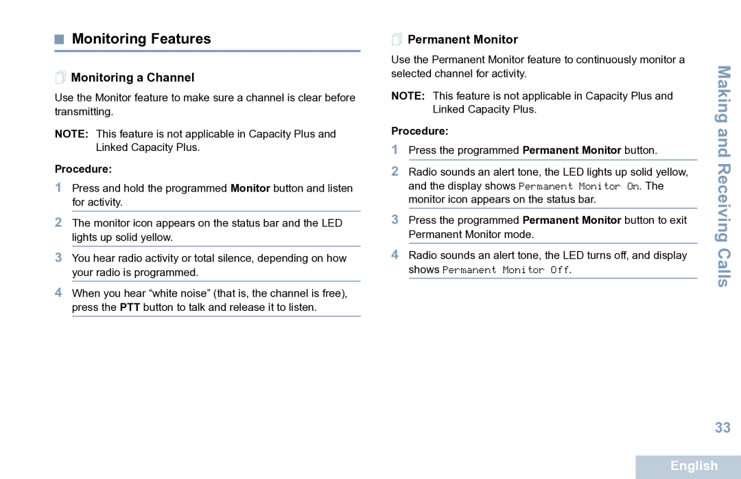 Motorola XPR 7550 manual Monitoring Features,  Monitoring a Channel,  Permanent Monitor 