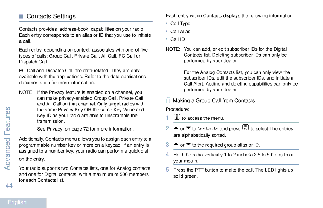 Motorola XPR 7550 manual Contacts Settings,  Making a Group Call from Contacts 