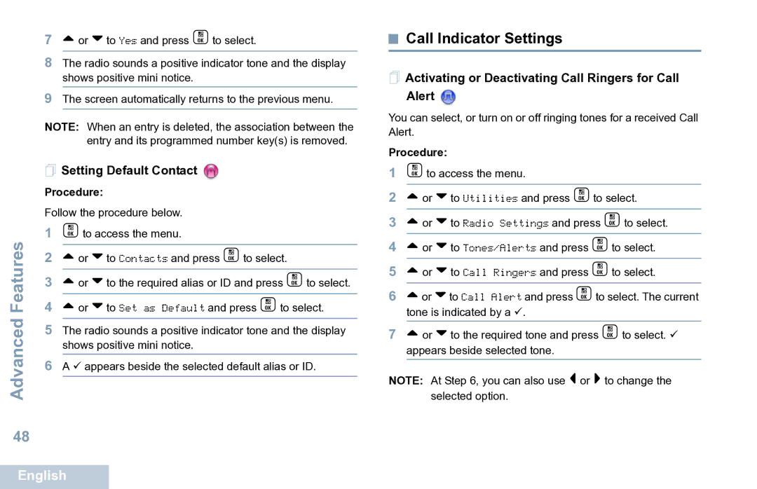 Motorola XPR 7550 manual Call Indicator Settings,  Setting Default Contact 