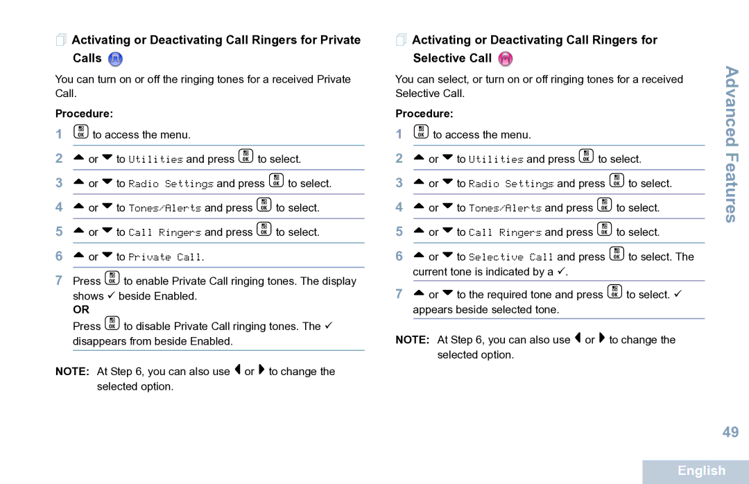 Motorola XPR 7550 manual  Activating or Deactivating Call Ringers for Private Calls 