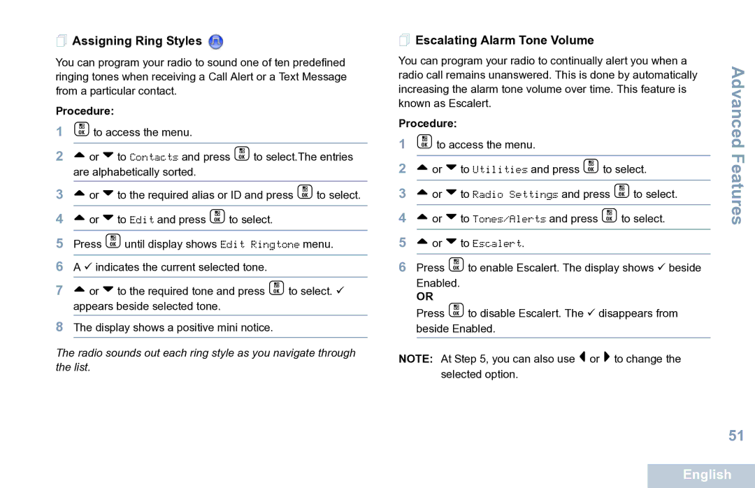 Motorola XPR 7550 manual  Assigning Ring Styles,  Escalating Alarm Tone Volume 