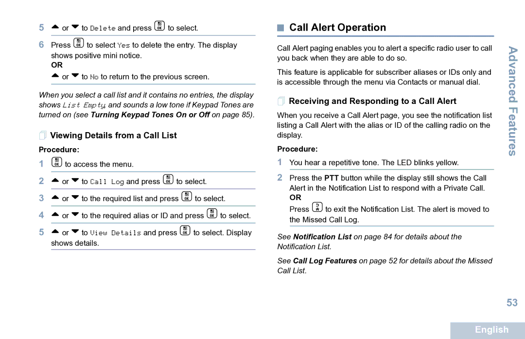 Motorola XPR 7550 Call Alert Operation,  Viewing Details from a Call List,  Receiving and Responding to a Call Alert 