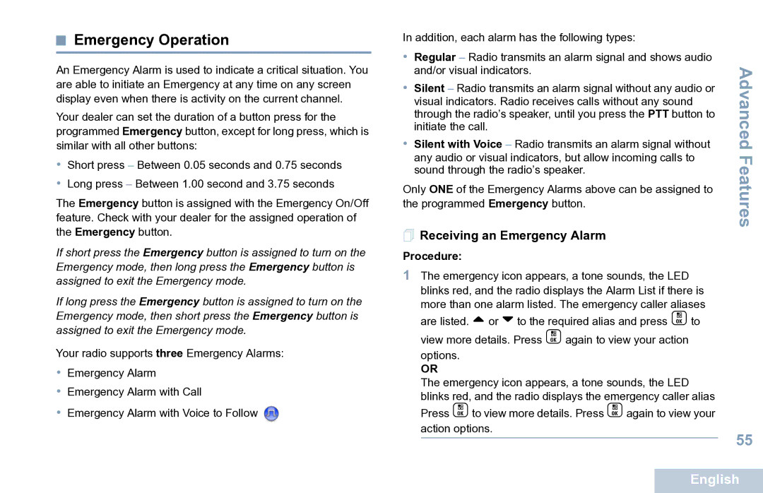 Motorola XPR 7550 manual Emergency Operation,  Receiving an Emergency Alarm 