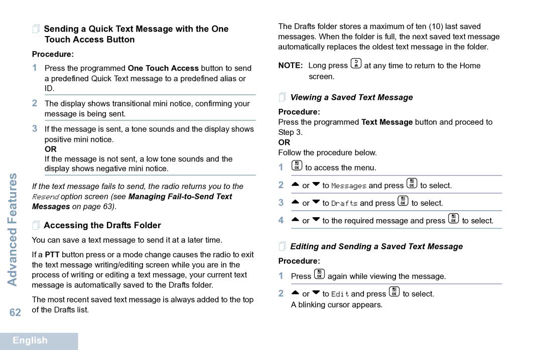 Motorola XPR 7550 manual  Accessing the Drafts Folder,  Viewing a Saved Text Message 