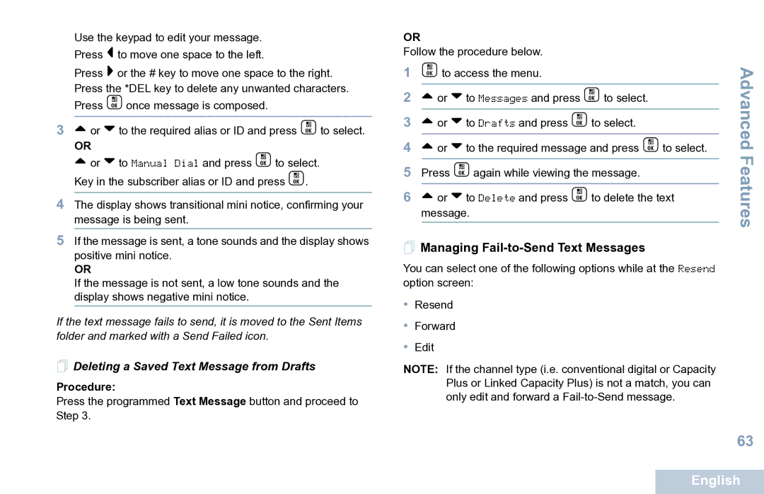 Motorola XPR 7550 manual  Deleting a Saved Text Message from Drafts,  Managing Fail-to-Send Text Messages 