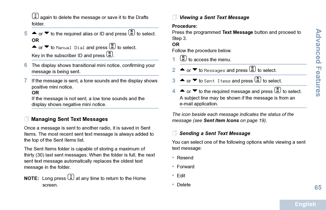 Motorola XPR 7550 manual  Managing Sent Text Messages,  Viewing a Sent Text Message,  Sending a Sent Text Message 