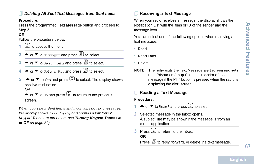 Motorola XPR 7550  Deleting All Sent Text Messages from Sent Items,  Receiving a Text Message,  Reading a Text Message 