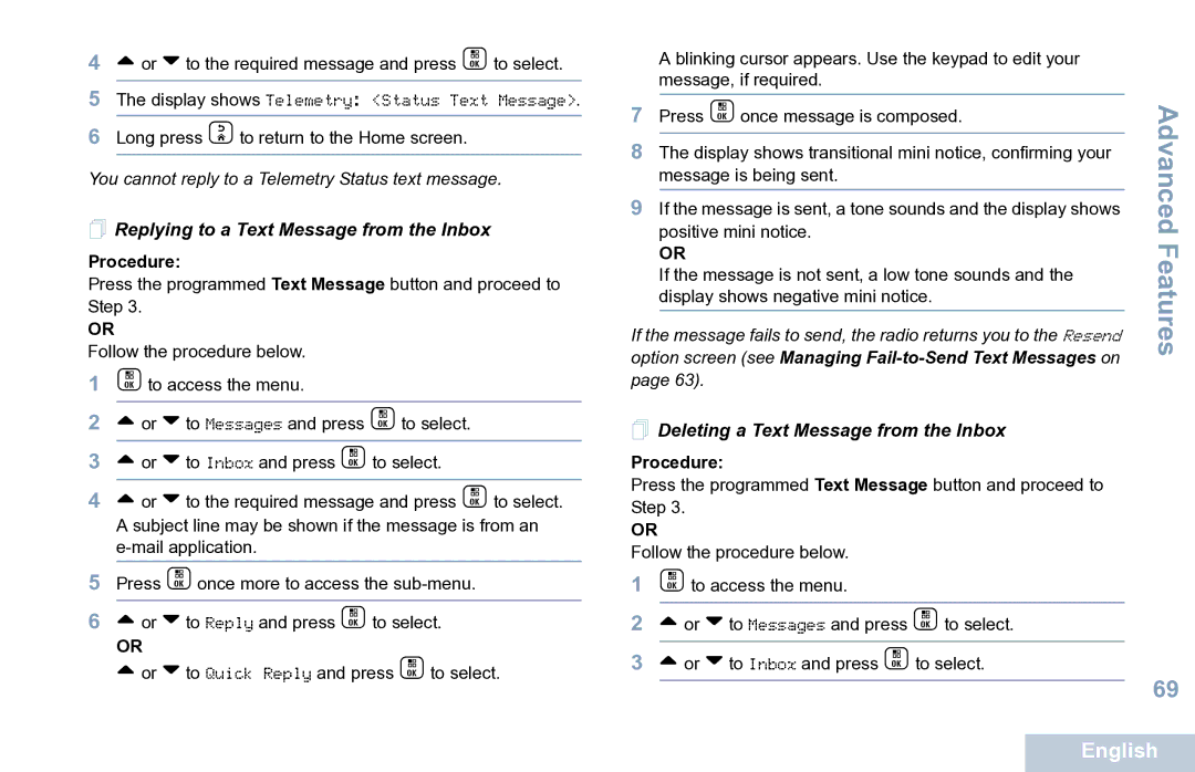 Motorola XPR 7550 manual  Replying to a Text Message from the Inbox,  Deleting a Text Message from the Inbox 