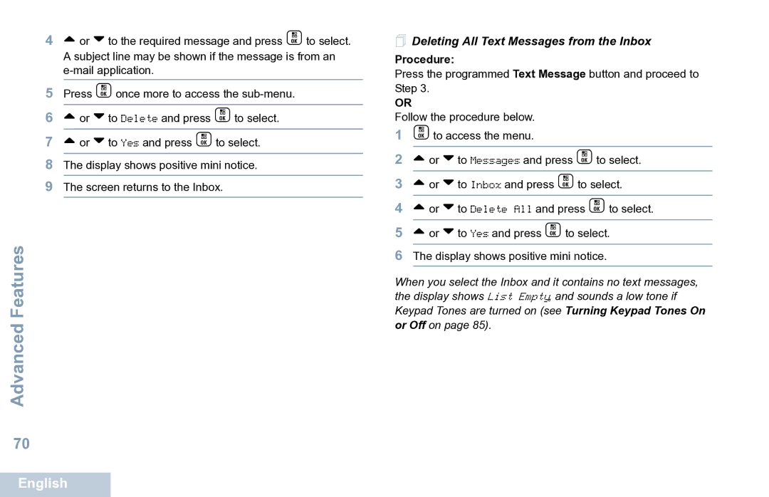 Motorola XPR 7550 manual  Deleting All Text Messages from the Inbox 